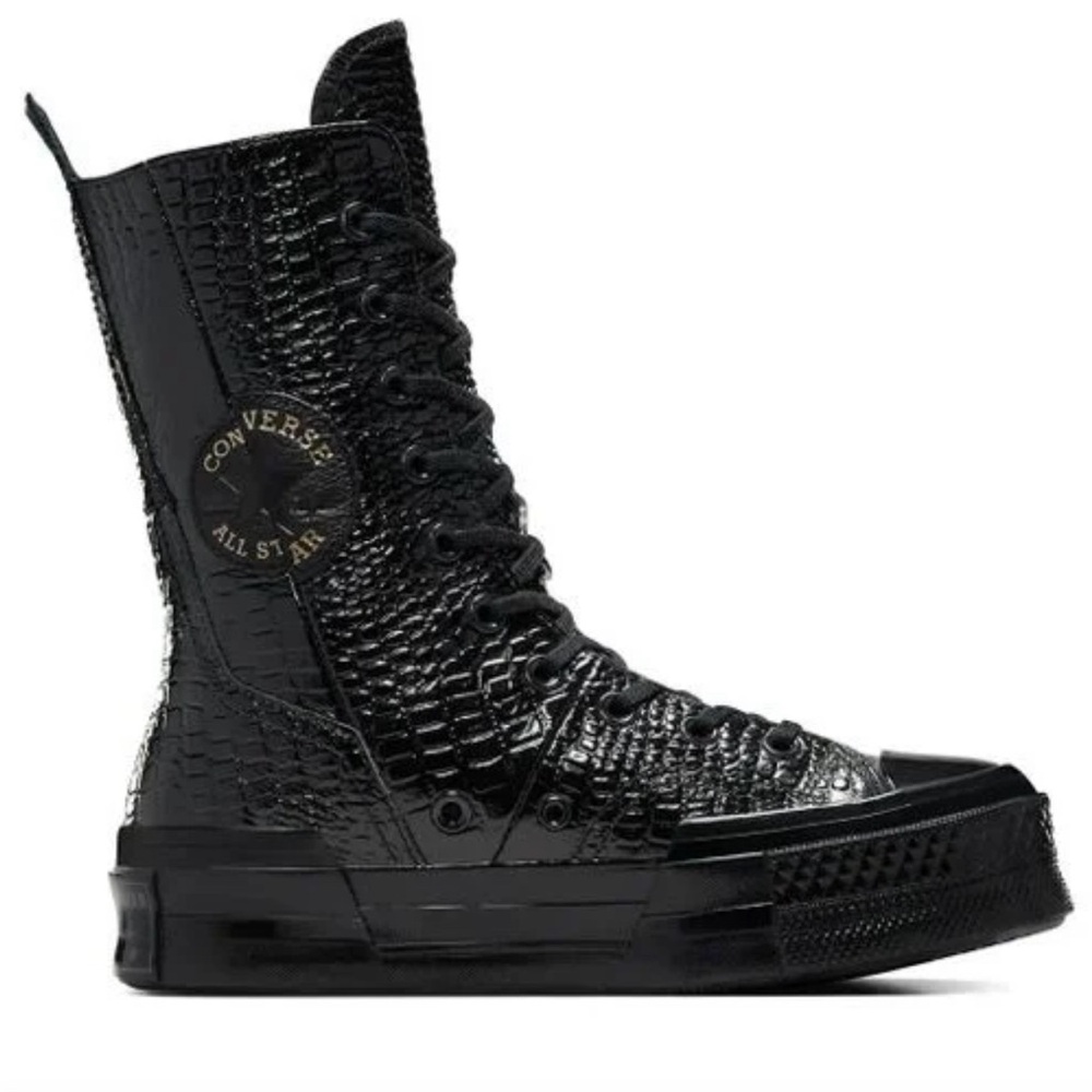 Black Croc-Embossed Lace-Up Platform Boot with Side Zip
